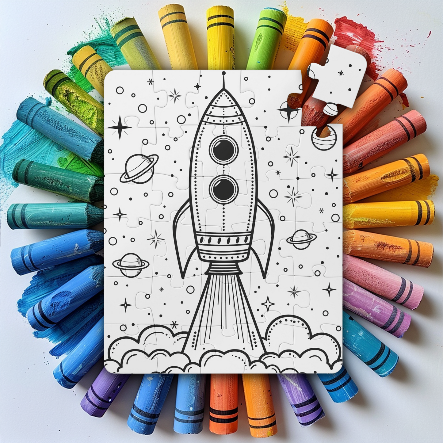 Rocket Ship Coloring Puzzle - Large 30 Piece Jigsaw for Kids, Toddlers - Reusable, wipe and recolor with crayons