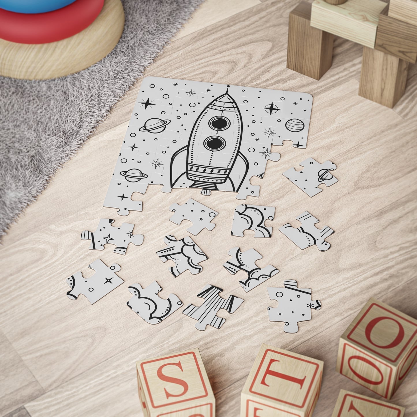 Rocket Ship Coloring Puzzle - Large 30 Piece Jigsaw for Kids, Toddlers - Reusable, wipe and recolor with crayons