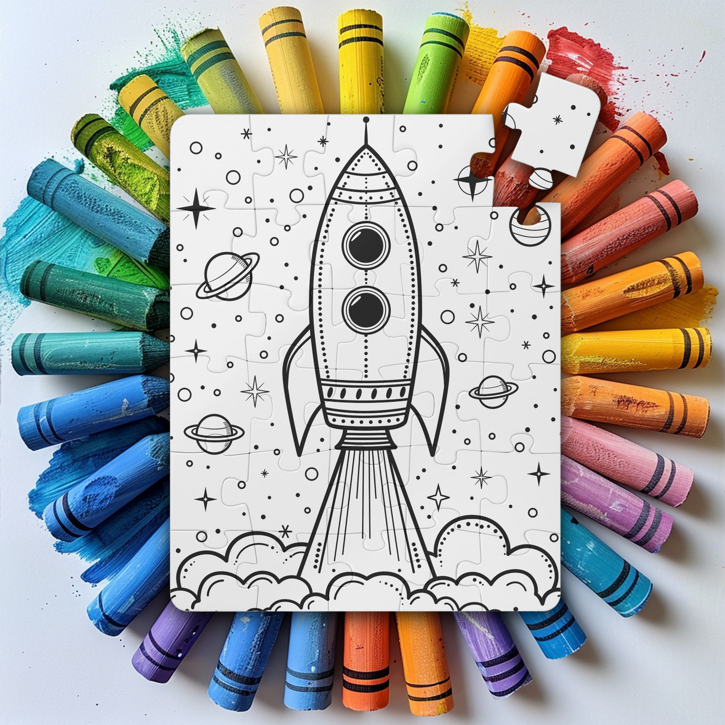 Rocket Ship Coloring Puzzle -  Large 30 Piece Jigsaw for Kids, Toddlers - Reusable, wipe and recolor with crayons