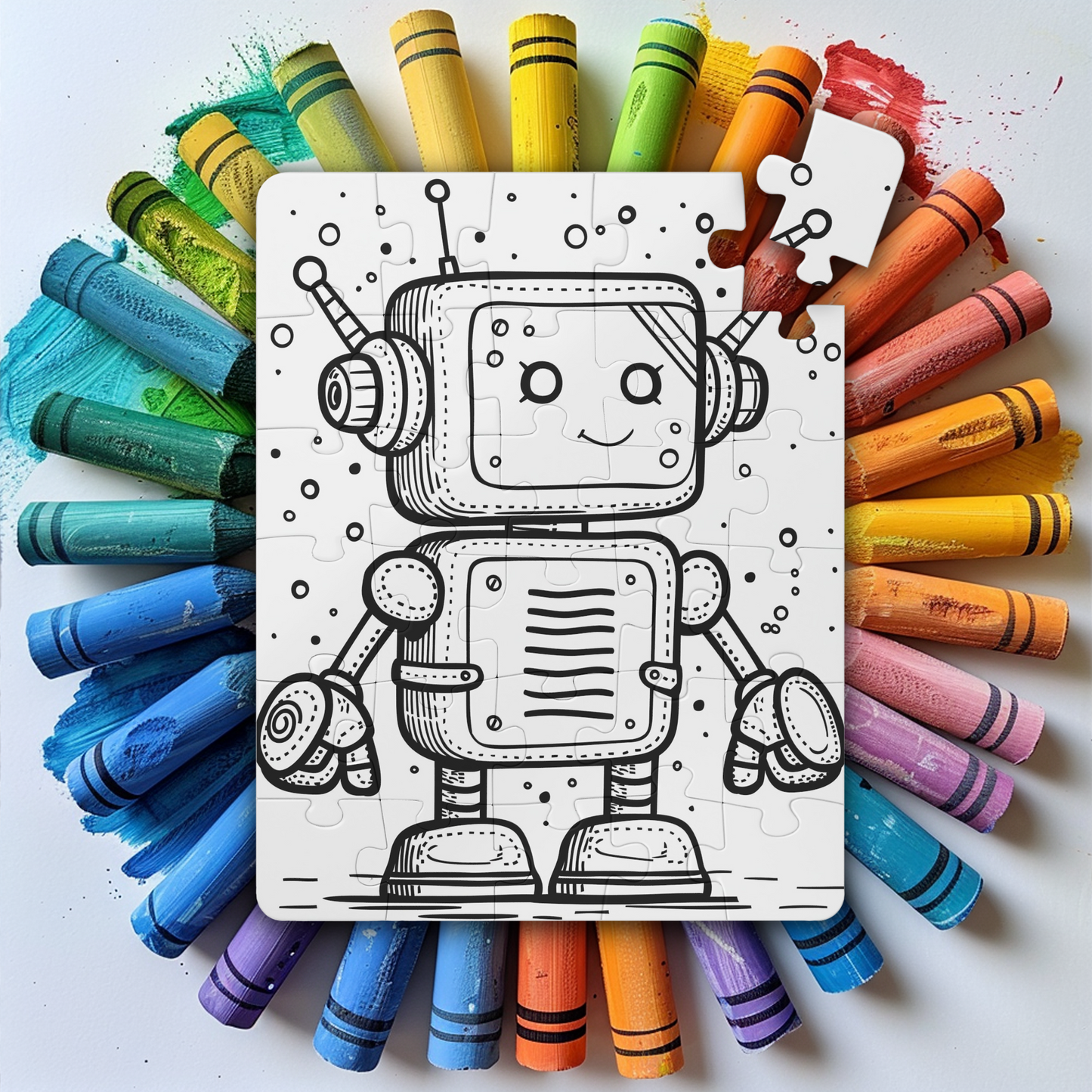 Robot Coloring Puzzle - Large 30 Piece Jigsaw Puzzle for Kids, Toddlers - Reusable, wipe and recolor with crayons